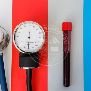 Stethoscope, Sphygmomanometer Test Tube With Blood Sample And Surgical Scalpel